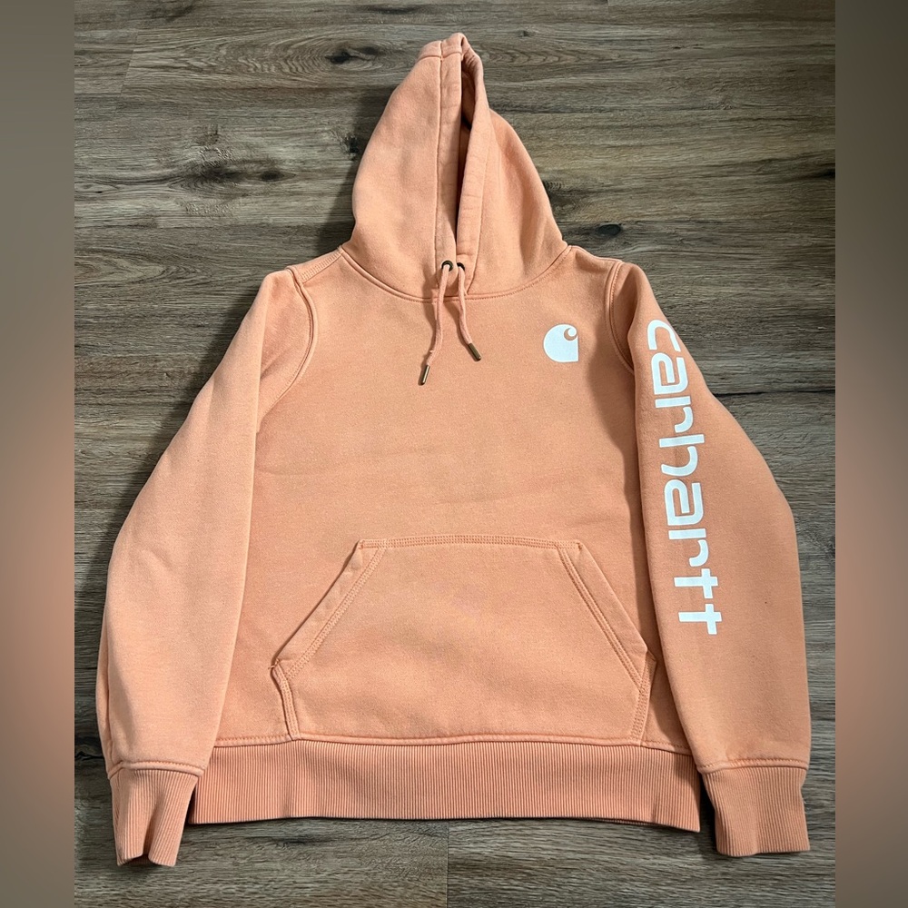 Carhartt Woman’s Clarksburg Graphic Sleeve Pullover Hoodie Sweatshirt Coral XS